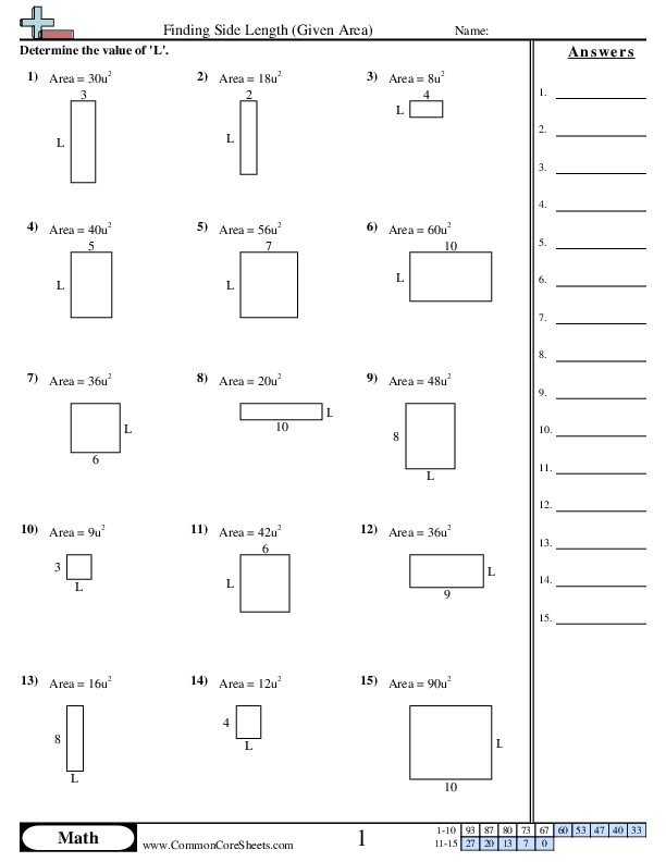 3.md.8 Worksheets - Missing Side (Area) E worksheet